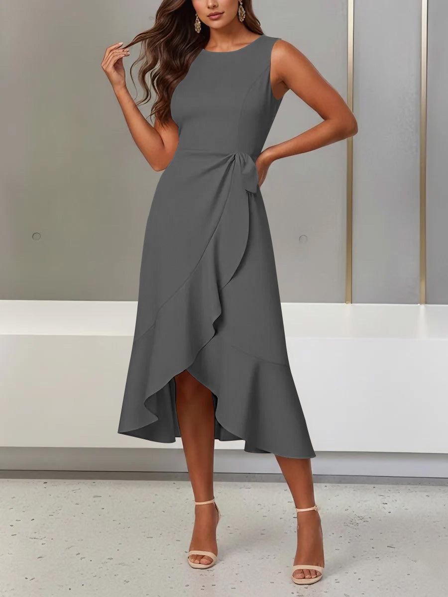 Trumpet/Mermaid Scoop Stretch Satin Cocktail Dresses with Split Side Tea-Length Sleeveless Ruffles Formal Dress