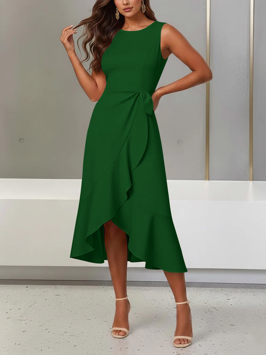 Trumpet/Mermaid Scoop Stretch Satin Cocktail Dresses with Split Side Tea-Length Sleeveless Ruffles Formal Dress