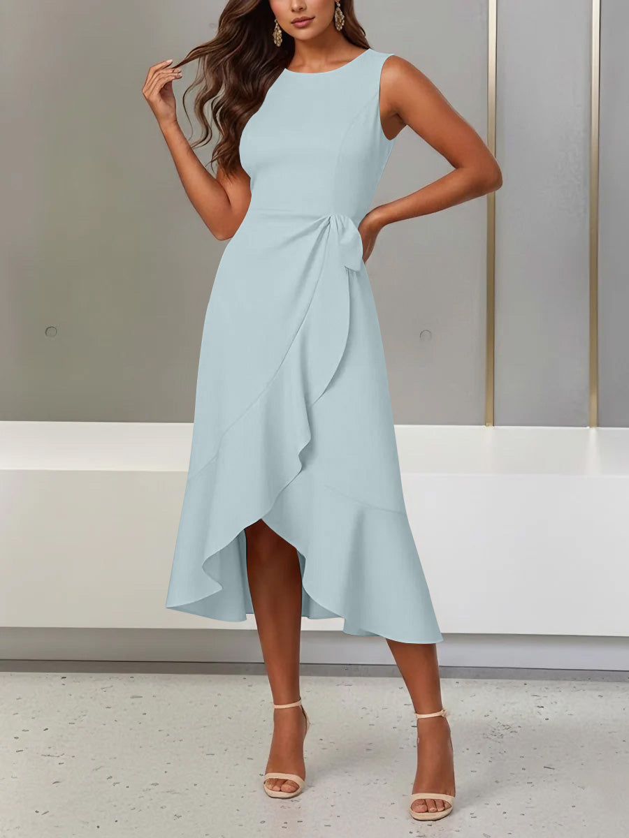 Trumpet/Mermaid Scoop Stretch Satin Cocktail Dresses with Split Side Tea-Length Sleeveless Ruffles Formal Dress