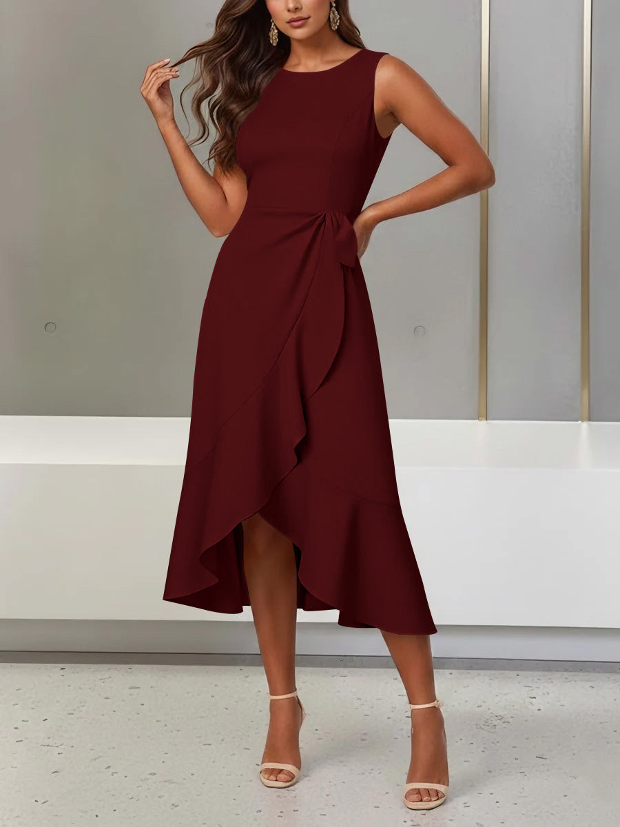 Trumpet/Mermaid Scoop Stretch Satin Cocktail Dresses with Split Side Tea-Length Sleeveless Ruffles Formal Dress