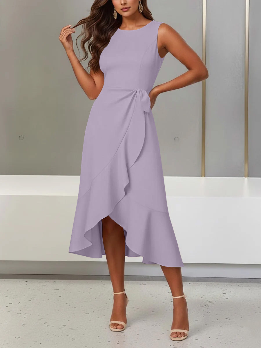 Trumpet/Mermaid Scoop Stretch Satin Cocktail Dresses with Split Side Tea-Length Sleeveless Ruffles Formal Dress