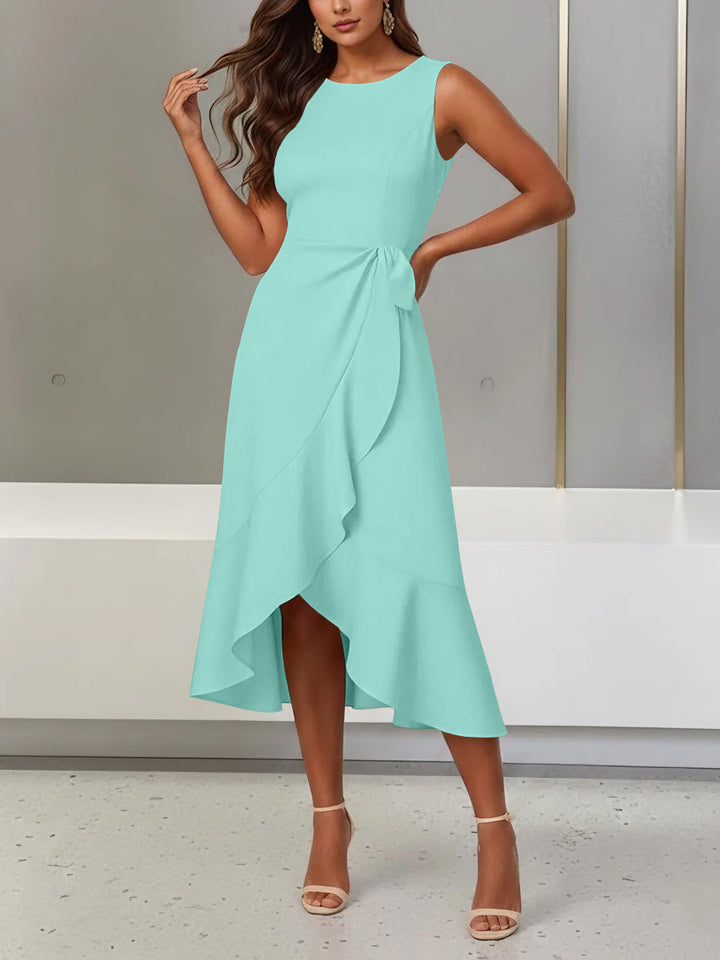 Trumpet/Mermaid Scoop Stretch Satin Cocktail Dresses with Split Side Tea-Length Sleeveless Ruffles Formal Dress