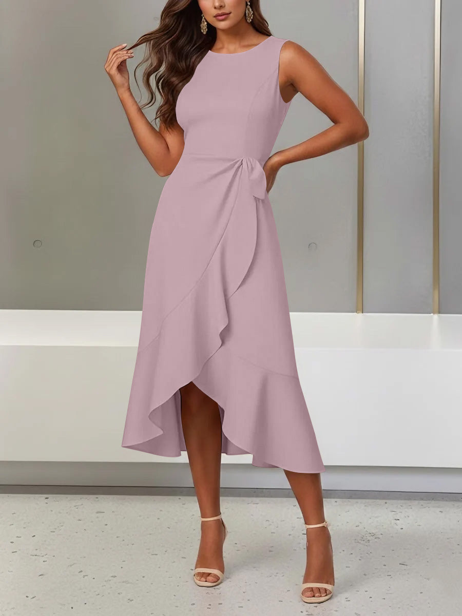 Trumpet/Mermaid Scoop Stretch Satin Cocktail Dresses with Split Side Tea-Length Sleeveless Ruffles Formal Dress