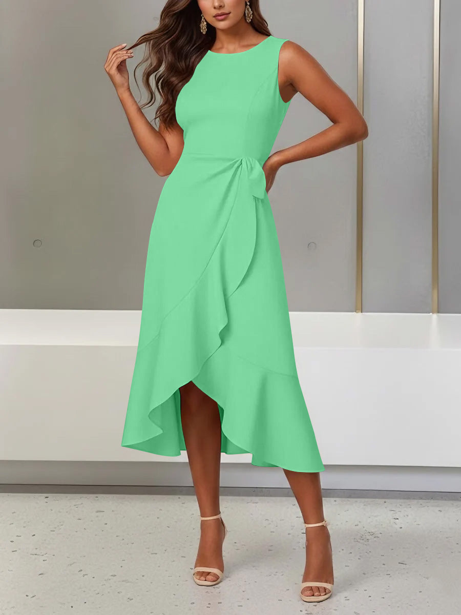 Trumpet/Mermaid Scoop Stretch Satin Cocktail Dresses with Split Side Tea-Length Sleeveless Ruffles Formal Dress Light Sky Blue