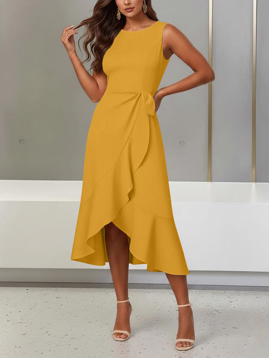 Trumpet/Mermaid Scoop Stretch Satin Cocktail Dresses with Split Side Tea-Length Sleeveless Ruffles Formal Dress Mustard Yellow