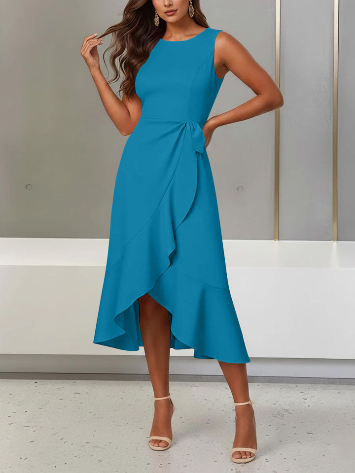 Trumpet/Mermaid Scoop Stretch Satin Cocktail Dresses with Split Side Tea-Length Sleeveless Ruffles Formal Dress
