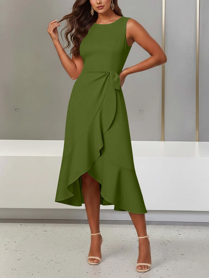 Trumpet/Mermaid Scoop Stretch Satin Cocktail Dresses with Split Side Tea-Length Sleeveless Ruffles Formal Dress