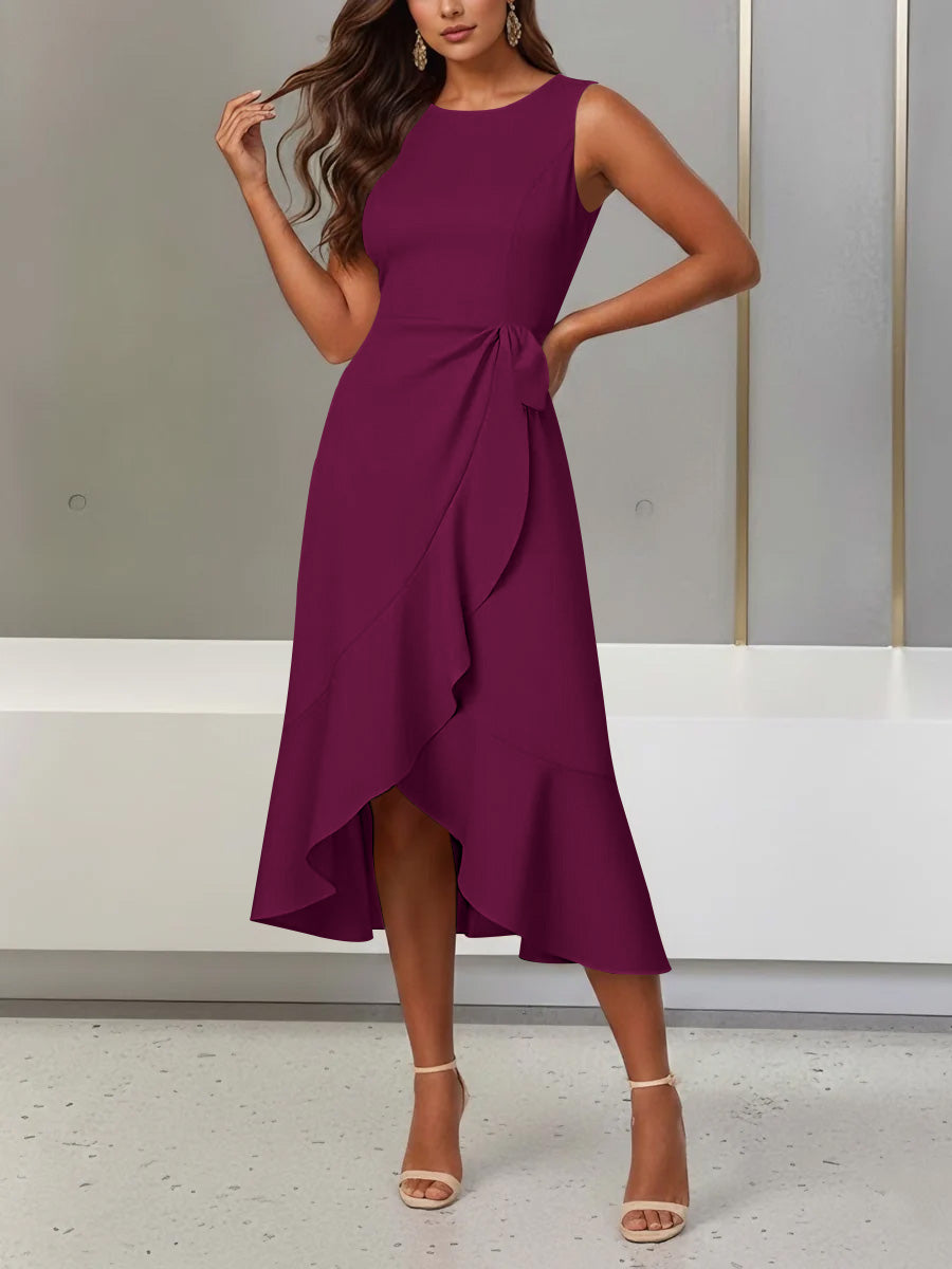 Trumpet/Mermaid Scoop Stretch Satin Cocktail Dresses with Split Side Tea-Length Sleeveless Ruffles Formal Dress