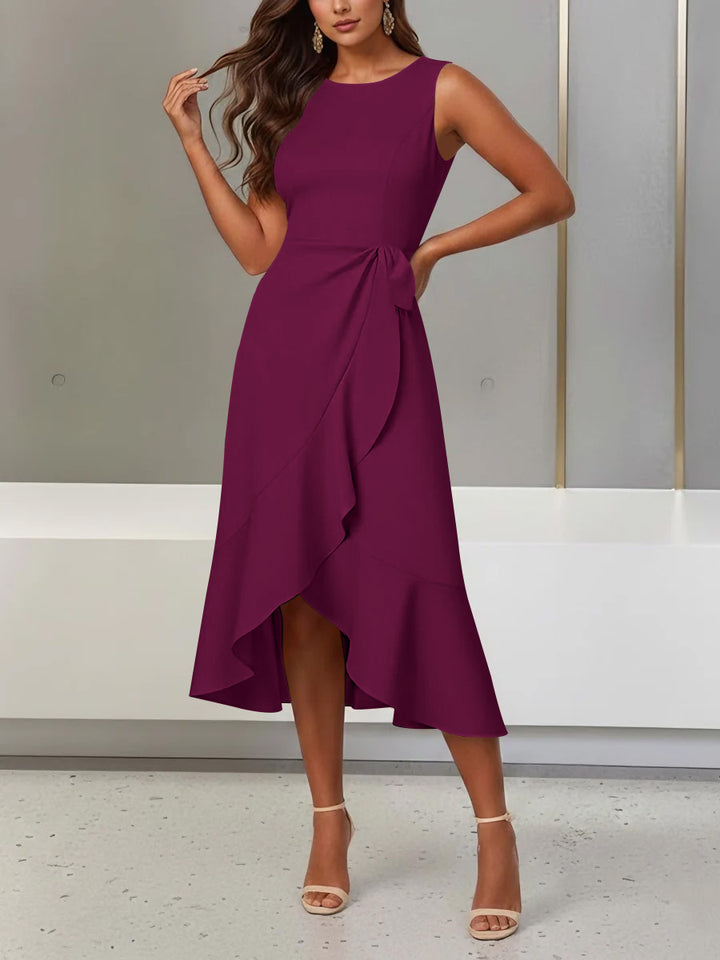 Trumpet/Mermaid Scoop Stretch Satin Cocktail Dresses with Split Side Tea-Length Sleeveless Ruffles Formal Dress