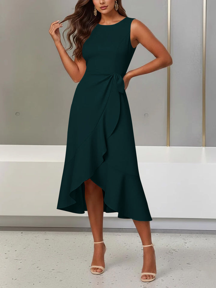 Trumpet/Mermaid Scoop Stretch Satin Cocktail Dresses with Split Side Tea-Length Sleeveless Ruffles Formal Dress