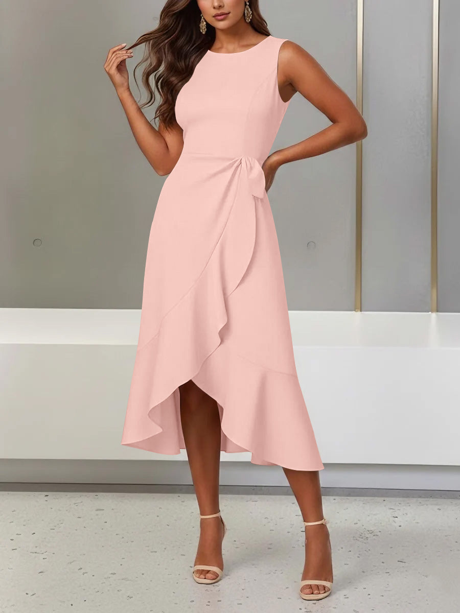 Trumpet/Mermaid Scoop Stretch Satin Cocktail Dresses with Split Side Tea-Length Sleeveless Ruffles Formal Dress