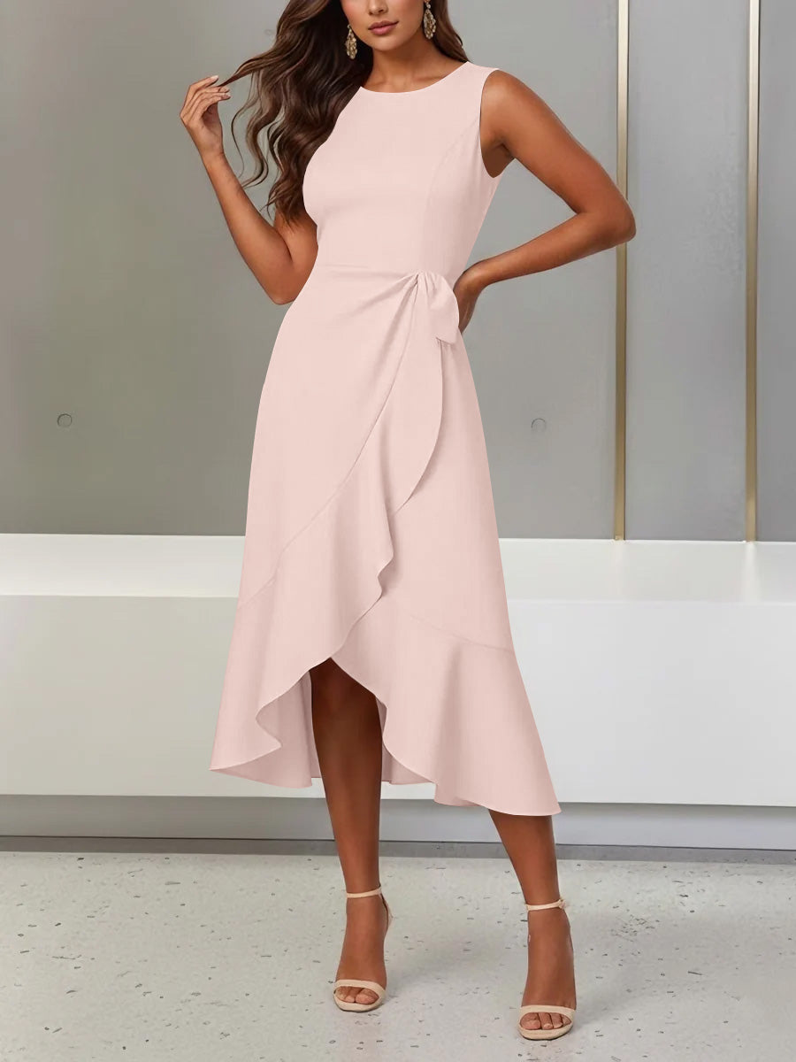 Trumpet/Mermaid Scoop Stretch Satin Cocktail Dresses with Split Side Tea-Length Sleeveless Ruffles Formal Dress