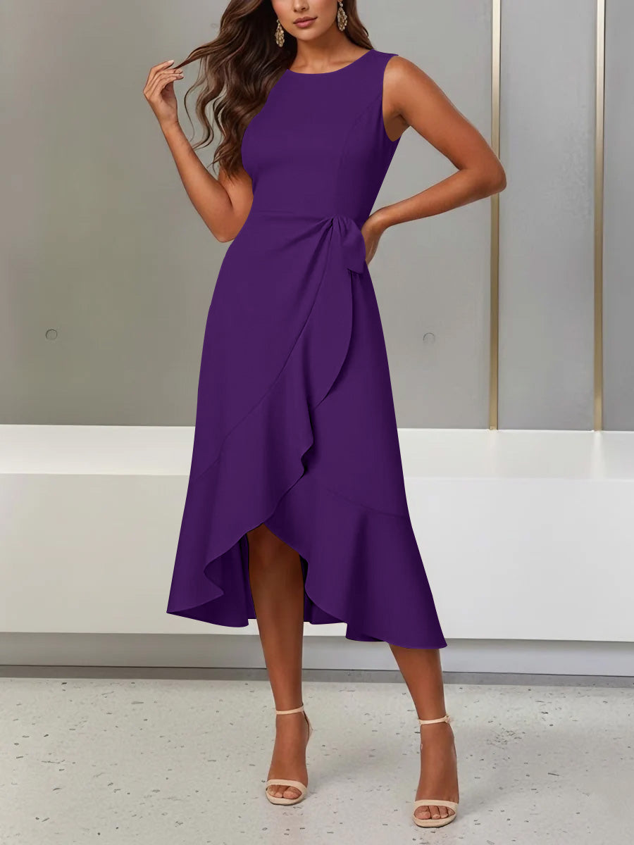 Trumpet/Mermaid Scoop Stretch Satin Cocktail Dresses with Split Side Tea-Length Sleeveless Ruffles Formal Dress