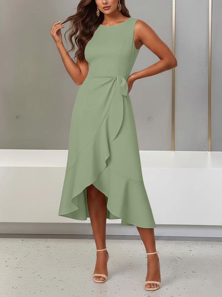 Trumpet/Mermaid Scoop Stretch Satin Cocktail Dresses with Split Side Tea-Length Sleeveless Ruffles Formal Dress