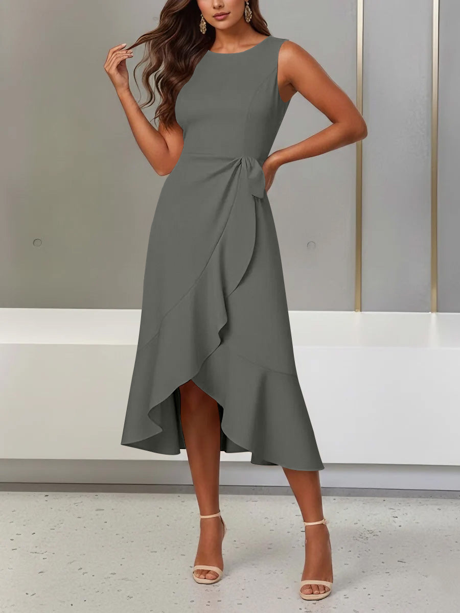 Trumpet/Mermaid Scoop Stretch Satin Cocktail Dresses with Split Side Tea-Length Sleeveless Ruffles Formal Dress