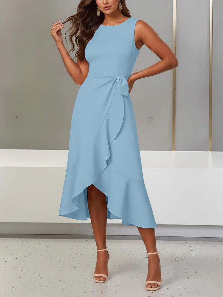 Trumpet/Mermaid Scoop Stretch Satin Cocktail Dresses with Split Side Tea-Length Sleeveless Ruffles Formal Dress