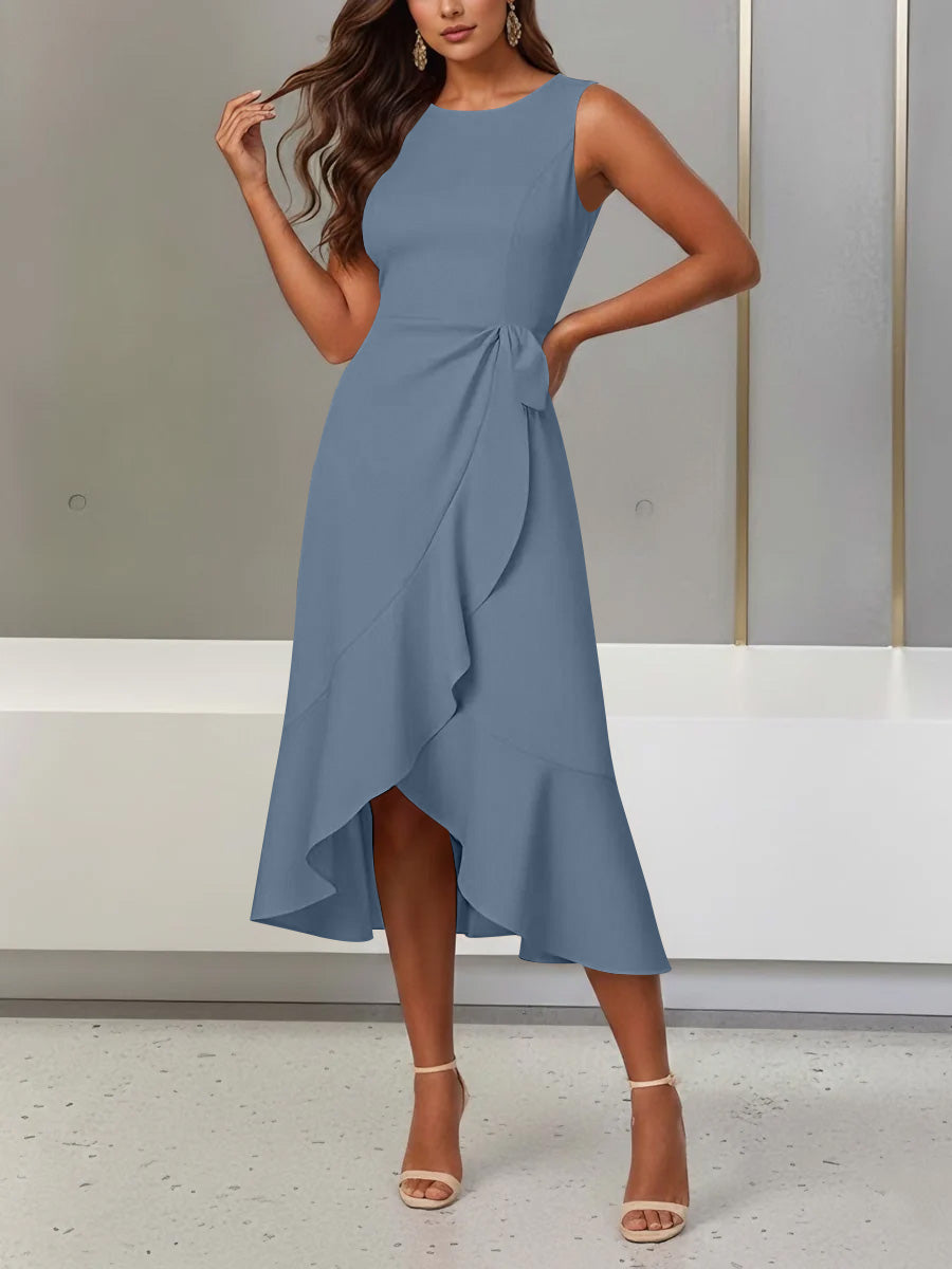 Trumpet/Mermaid Scoop Stretch Satin Cocktail Dresses with Split Side Tea-Length Sleeveless Ruffles Formal Dress