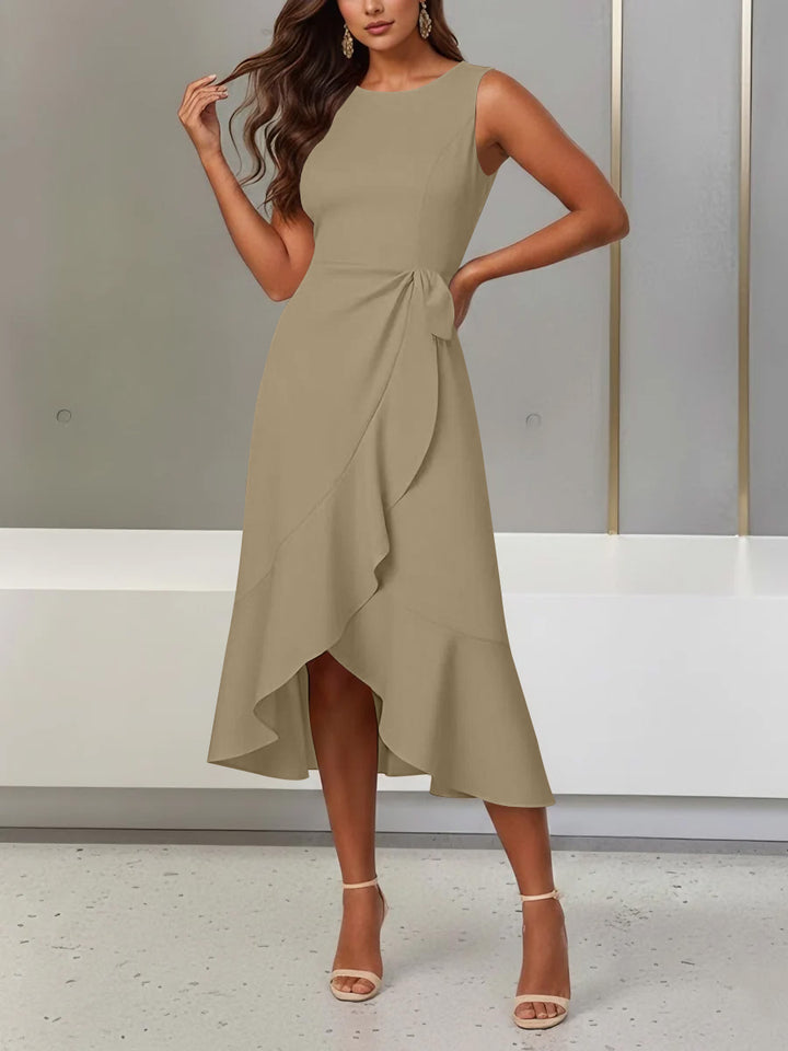 Trumpet/Mermaid Scoop Stretch Satin Cocktail Dresses with Split Side Tea-Length Sleeveless Ruffles Formal Dress