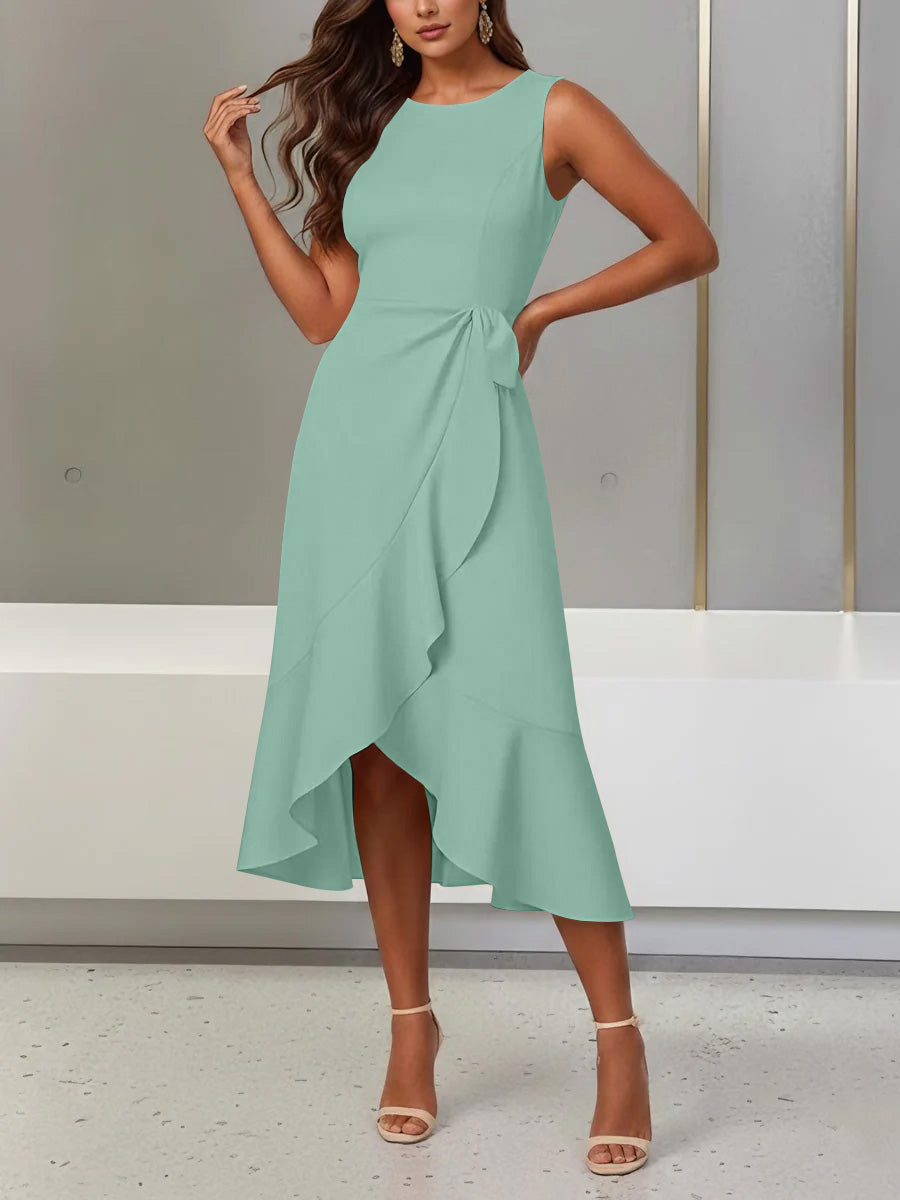 Trumpet/Mermaid Scoop Stretch Satin Cocktail Dresses with Split Side Tea-Length Sleeveless Ruffles Formal Dress