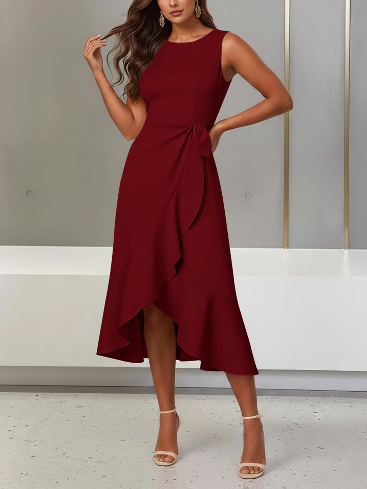 Trumpet/Mermaid Scoop Stretch Satin Cocktail Dresses with Split Side Tea-Length Sleeveless Ruffles Formal Dress