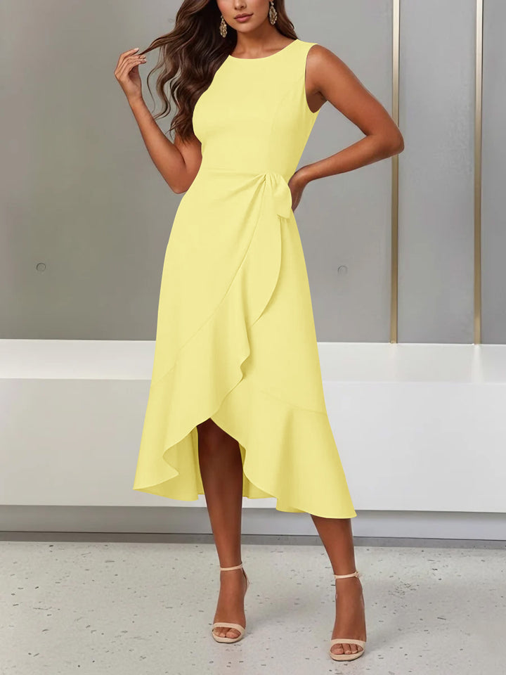 Trumpet/Mermaid Scoop Stretch Satin Cocktail Dresses with Split Side Tea-Length Sleeveless Ruffles Formal Dress