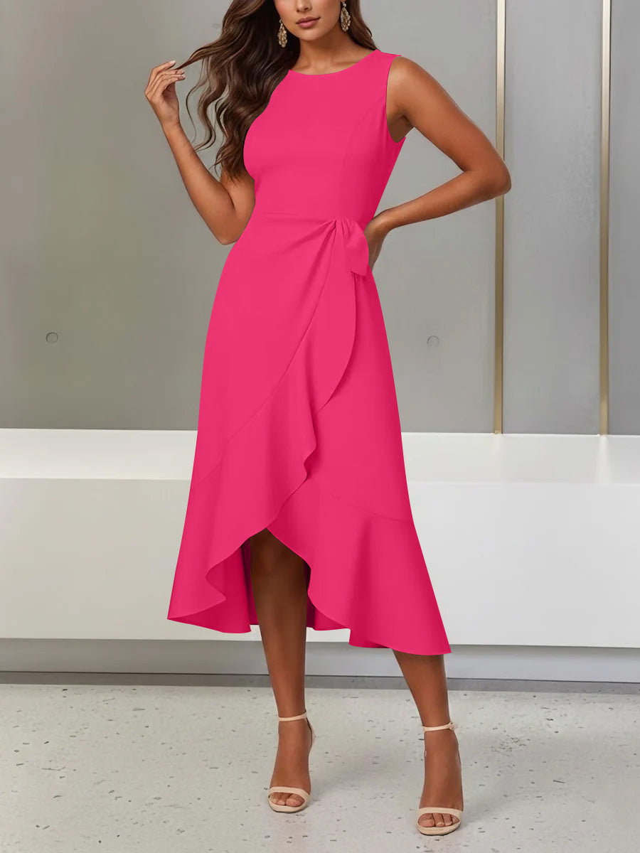 Trumpet/Mermaid Scoop Stretch Satin Cocktail Dresses with Split Side Tea-Length Sleeveless Ruffles Formal Dress