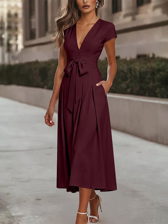 A-Line/Princess V-Neck Stretch Satin Cocktail Dresses Tea-Length Short Sleeves Knot Bow Formal Dress