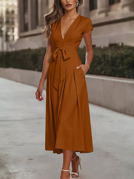 A-Line/Princess V-Neck Stretch Satin Cocktail Dresses Tea-Length Short Sleeves Knot Bow Formal Dress