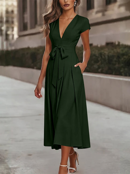 A-Line/Princess V-Neck Stretch Satin Cocktail Dresses Tea-Length Short Sleeves Knot Bow Formal Dress