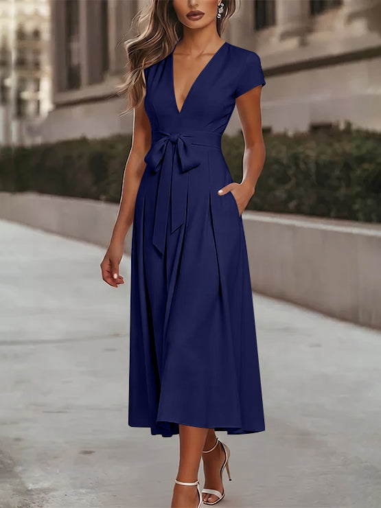 A-Line/Princess V-Neck Stretch Satin Cocktail Dresses Tea-Length Short Sleeves Knot Bow Formal Dress