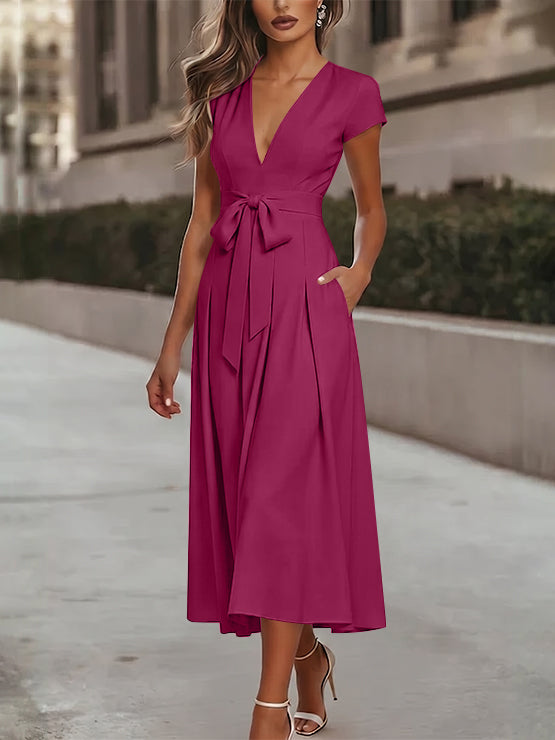 A-Line/Princess V-Neck Stretch Satin Cocktail Dresses Tea-Length Short Sleeves Knot Bow Formal Dress