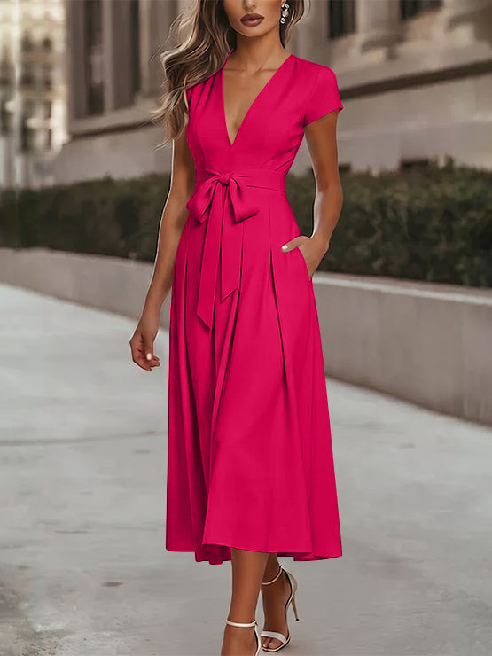 A-Line/Princess V-Neck Stretch Satin Cocktail Dresses Tea-Length Short Sleeves Knot Bow Formal Dress