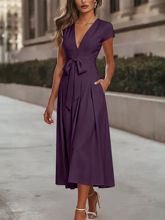 A-Line/Princess V-Neck Stretch Satin Cocktail Dresses Tea-Length Short Sleeves Knot Bow Formal Dress