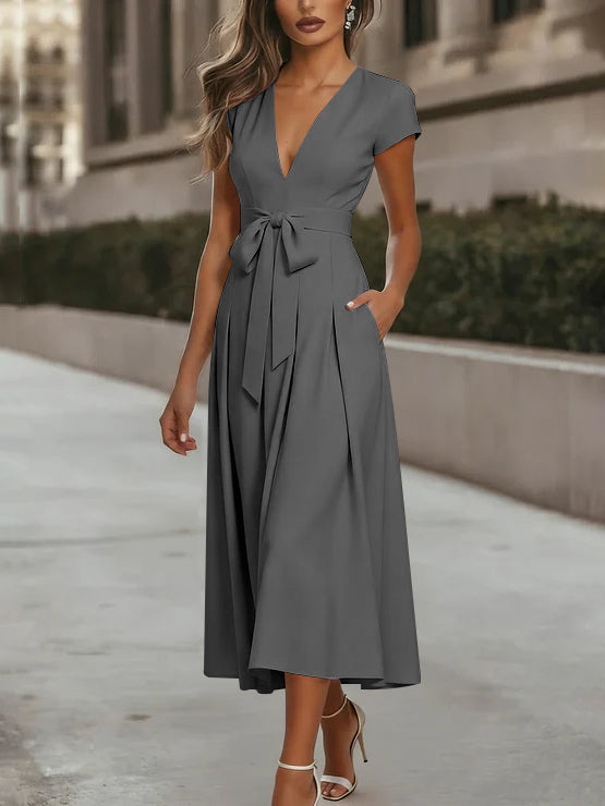 A-Line/Princess V-Neck Stretch Satin Cocktail Dresses Tea-Length Short Sleeves Knot Bow Formal Dress