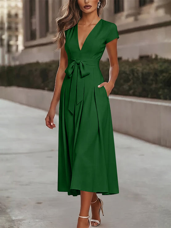 A-Line/Princess V-Neck Stretch Satin Cocktail Dresses Tea-Length Short Sleeves Knot Bow Formal Dress