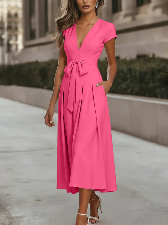A-Line/Princess V-Neck Stretch Satin Cocktail Dresses Tea-Length Short Sleeves Knot Bow Formal Dress