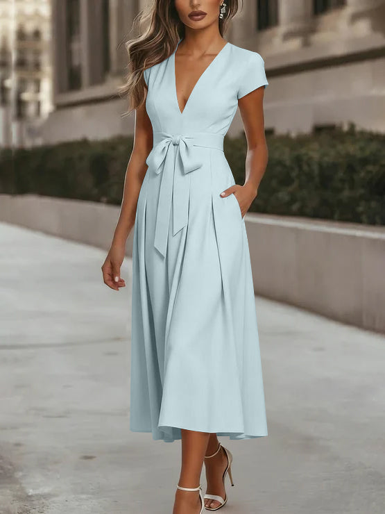 A-Line/Princess V-Neck Stretch Satin Cocktail Dresses Tea-Length Short Sleeves Knot Bow Formal Dress