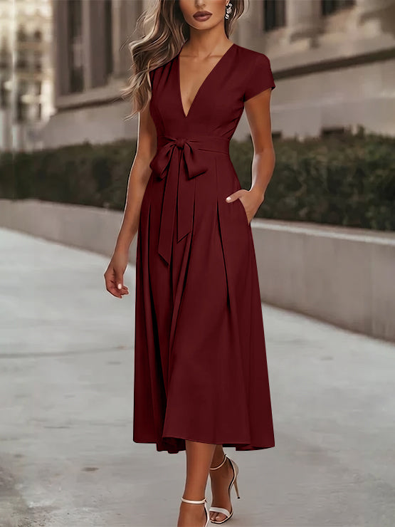 A-Line/Princess V-Neck Stretch Satin Cocktail Dresses Tea-Length Short Sleeves Knot Bow Formal Dress