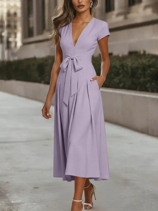 A-Line/Princess V-Neck Stretch Satin Cocktail Dresses Tea-Length Short Sleeves Knot Bow Formal Dress