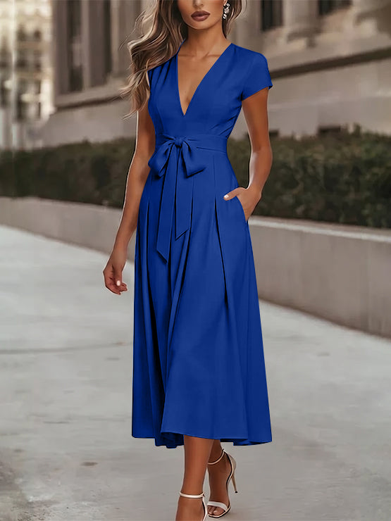 A-Line/Princess V-Neck Stretch Satin Cocktail Dresses Tea-Length Short Sleeves Knot Bow Formal Dress