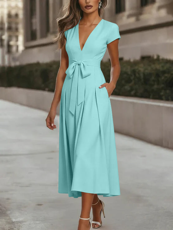 A-Line/Princess V-Neck Stretch Satin Cocktail Dresses Tea-Length Short Sleeves Knot Bow Formal Dress