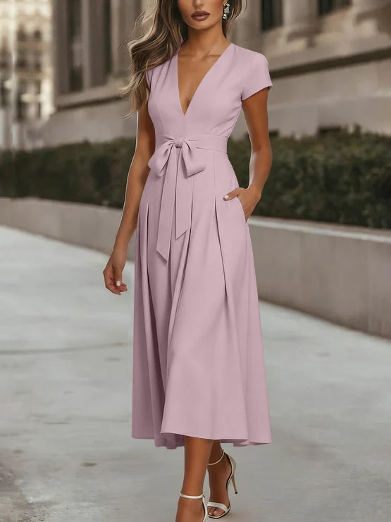 A-Line/Princess V-Neck Stretch Satin Cocktail Dresses Tea-Length Short Sleeves Knot Bow Formal Dress