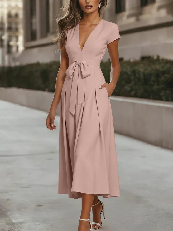 A-Line/Princess V-Neck Stretch Satin Cocktail Dresses Tea-Length Short Sleeves Knot Bow Formal Dress