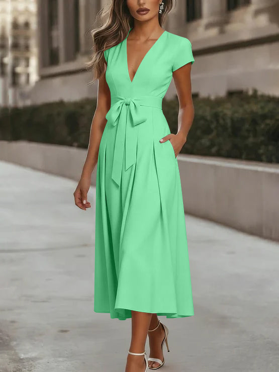 A-Line/Princess V-Neck Stretch Satin Cocktail Dresses Tea-Length Short Sleeves Knot Bow Formal Dress