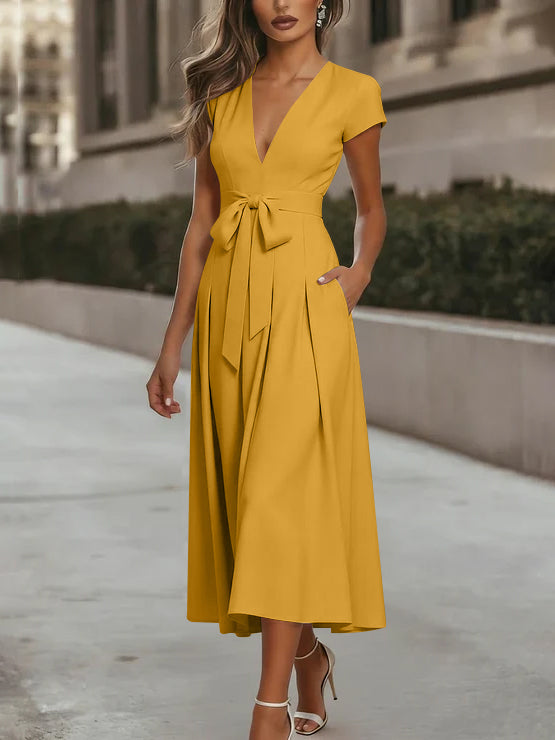 A-Line/Princess V-Neck Stretch Satin Cocktail Dresses Tea-Length Short Sleeves Knot Bow Formal Dress