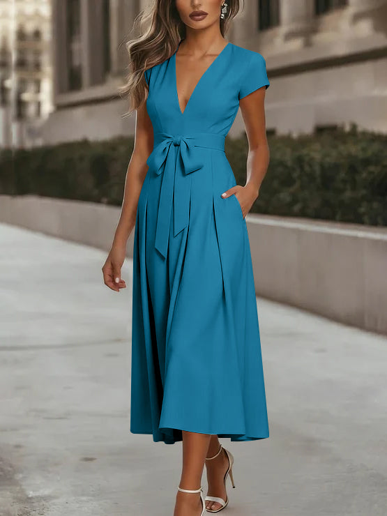 A-Line/Princess V-Neck Stretch Satin Cocktail Dresses Tea-Length Short Sleeves Knot Bow Formal Dress