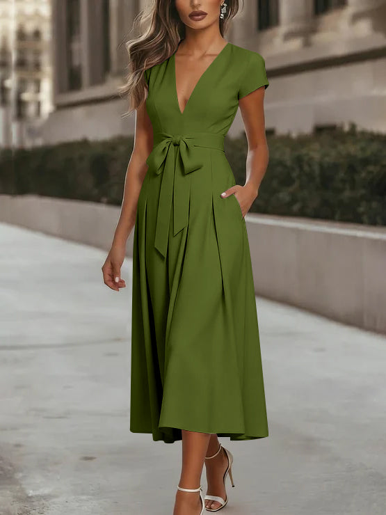 A-Line/Princess V-Neck Stretch Satin Cocktail Dresses Tea-Length Short Sleeves Knot Bow Formal Dress