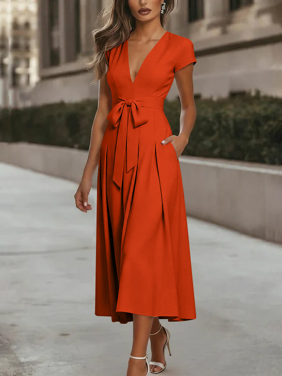 A-Line/Princess V-Neck Stretch Satin Cocktail Dresses Tea-Length Short Sleeves Knot Bow Formal Dress