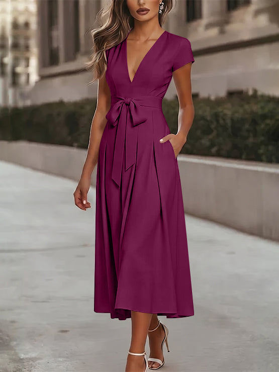 A-Line/Princess V-Neck Stretch Satin Cocktail Dresses Tea-Length Short Sleeves Knot Bow Formal Dress