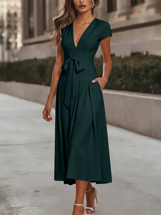 A-Line/Princess V-Neck Stretch Satin Cocktail Dresses Tea-Length Short Sleeves Knot Bow Formal Dress
